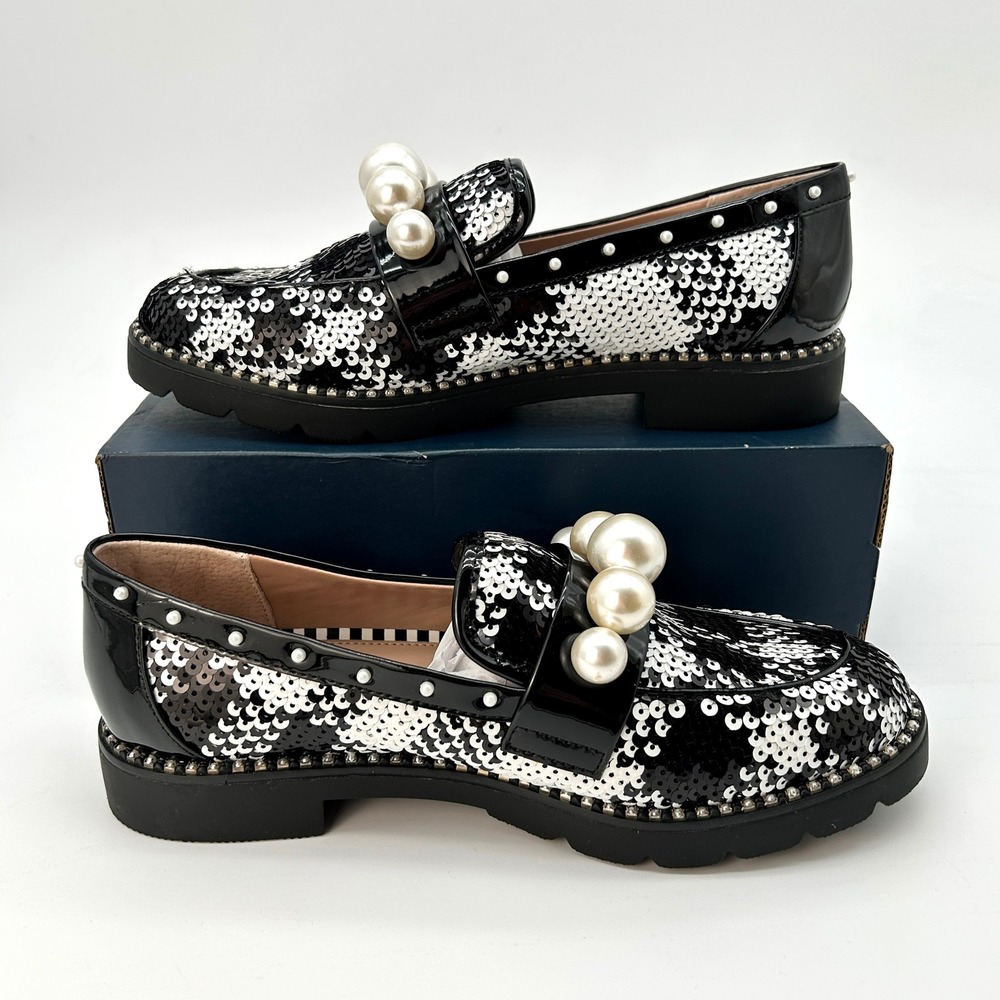 Embellished Womens Loafers Betsey Johnson Harloe Sz 7.5 Black White Sequins NEW - Picture 2 of 6